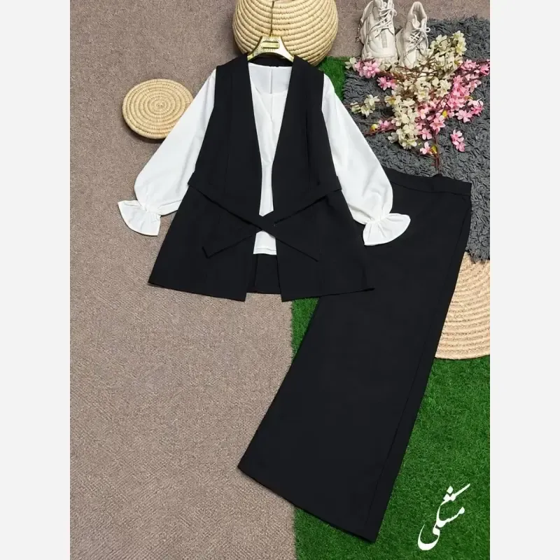 ست چهارتیکه زنانه مدل ملنا جنس بزیاق ریزشی اعلا رنگ مشکی سرمه ای قهوه ای سوخته سایز فری