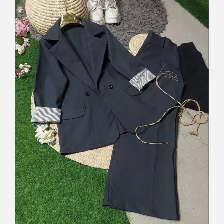 کت و شلوار زنانه کتان کشی اداری و دانشجویی رنگ طوسی تیره سایز فری مناسب 38 تا 46