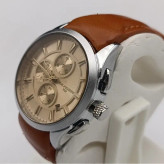 ساعت مچی زنانه بلیزر بند چرمی صفحه شامپاینی طرح سه موتور مدل 3153